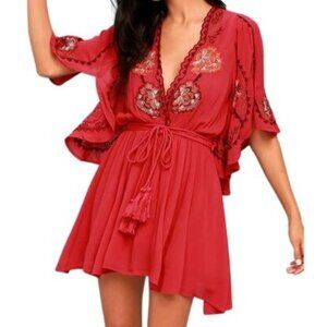 Free People Cora Coral Embroidered Boho Mini Dress XS Tassel Tie Festival Gypsy